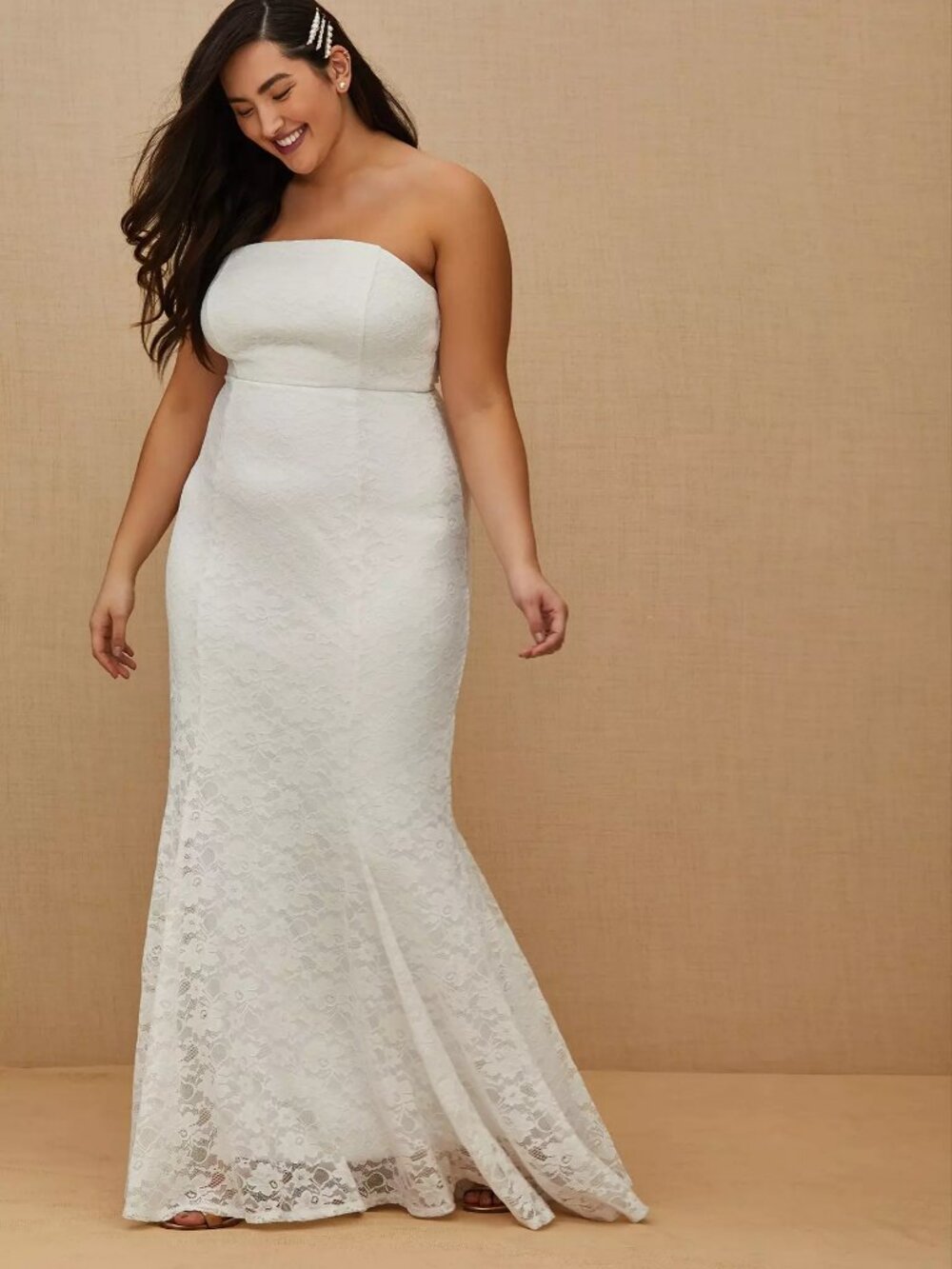 White Lace Strapless Fit & Flare Wedding Dress